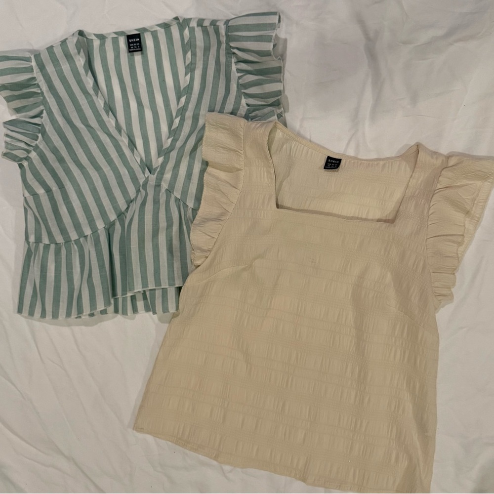 SHEIN Cream Square Neck Ruffle Sleeve Top & Mint Striped Wrap Blouse Set